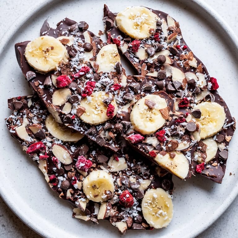 Crisp freeze-dried berries and almonds adorn a slab of homemade Chocolate Banana Bark.