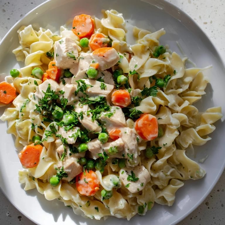 Warm, creamy chicken and egg noodles, a delicious American classic, ready to serve with parsley.