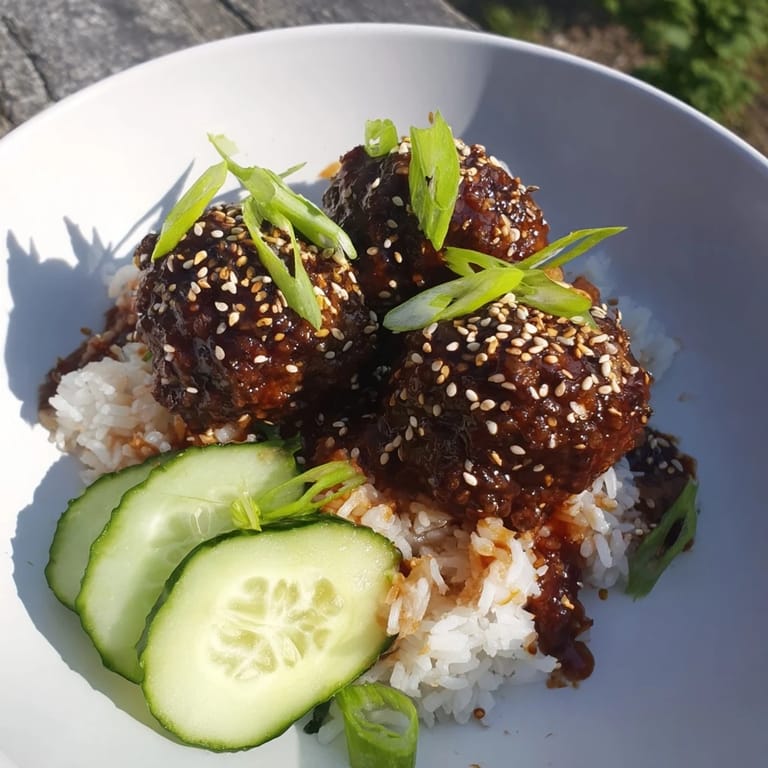 Flavorful teriyaki meatball bowls showcasing juicy meatballs smothered in a rich, sweet sauce and served with rice.