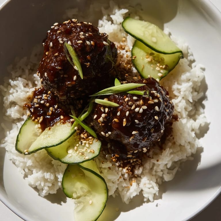 A close-up of delicious teriyaki meatball bowls, with a glossy teriyaki glaze and fresh cucumber slices on top.