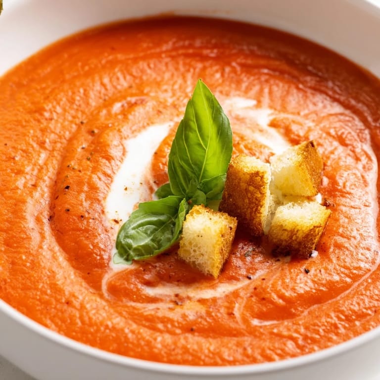Close-up shot shows the velvety texture of creamy roasted garlic tomato soup being served.