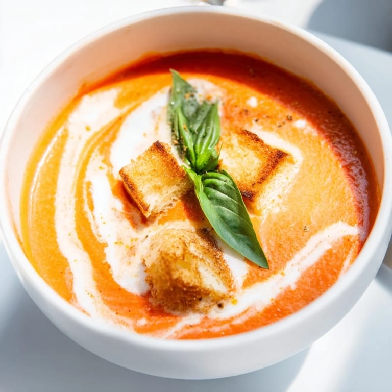 Enjoy a spoonful of rich creamy roasted garlic tomato soup, a comforting American classic.