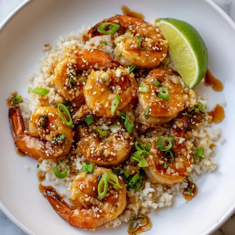 A close-up of delicious, colorful ginger garlic shrimp bowls, fresh from the skillet and steaming.