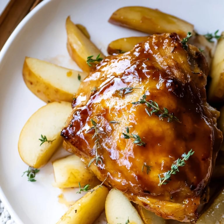 Baked Sticky Maple Apple Chicken, beautifully bronzed with a sweet maple glaze, served beside roasted apples.
