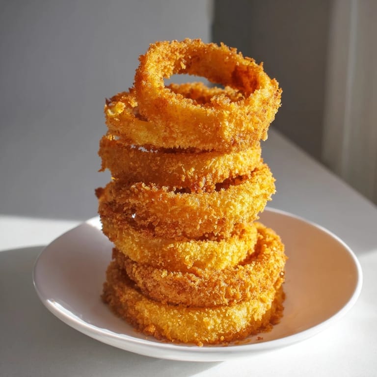 A close-up view of the perfectly fried Crispy Onion Ring Tower, showcasing its texture beautifully.