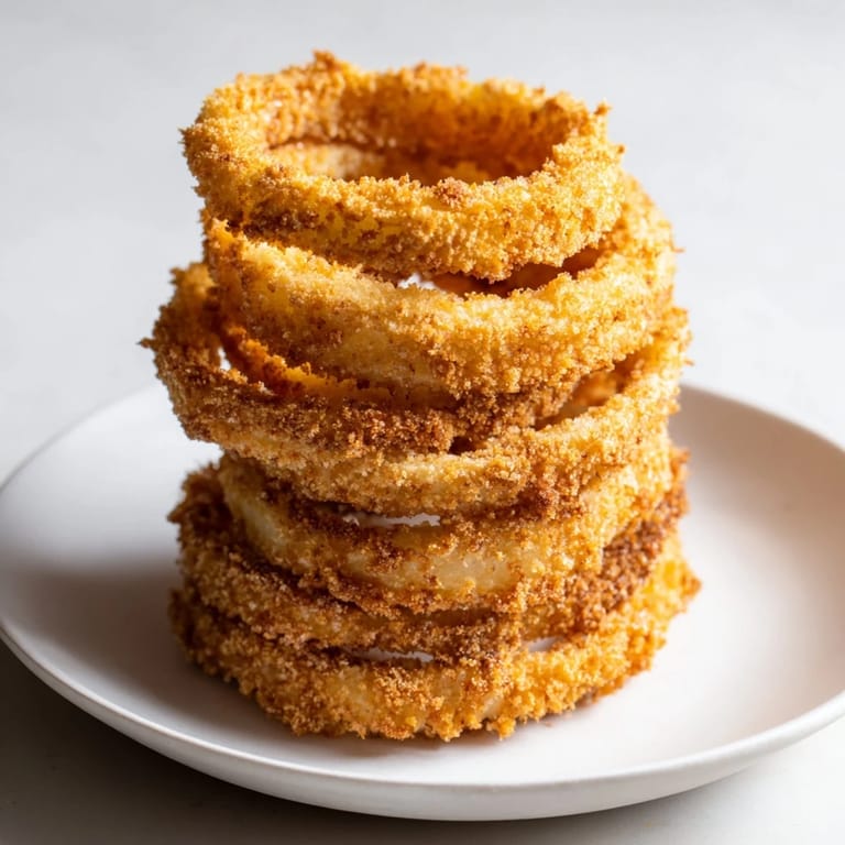 See the delicious stack: a Crispy Onion Ring Tower with a satisfying crunch, ideal for sharing.