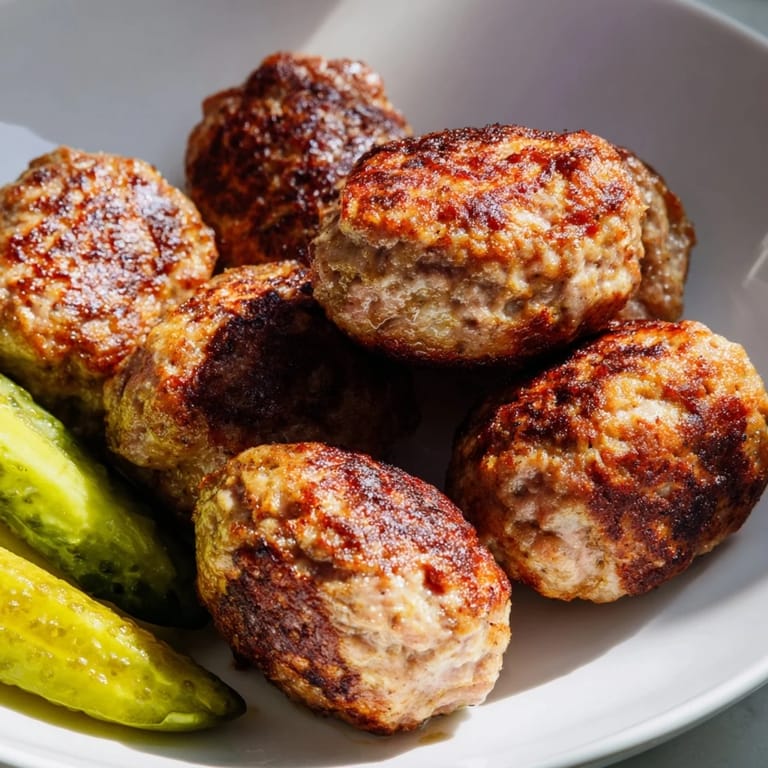 Close-up of freshly cooked Danish frikadeller, paired alongside bright green pickles for a tasty meal.