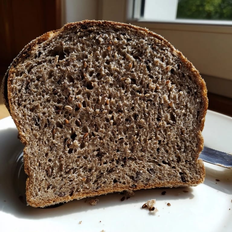 Golden brown crust of Latvian Rupjmaize bread, sliced and ready to be enjoyed with butter.