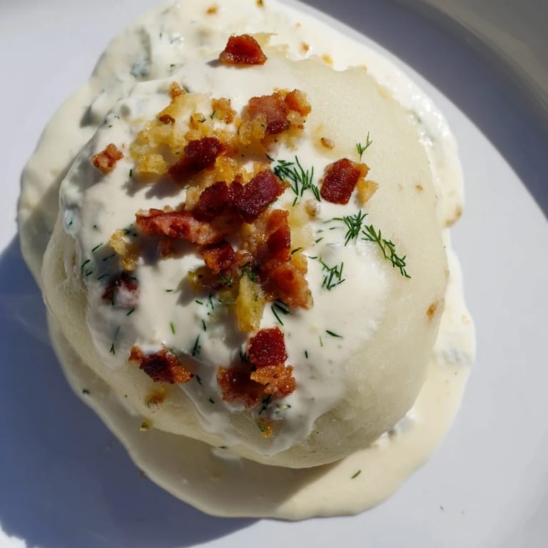 A steaming plate of Lithuanian Cepelinai, topped with crispy bacon and creamy sour cream sauce.