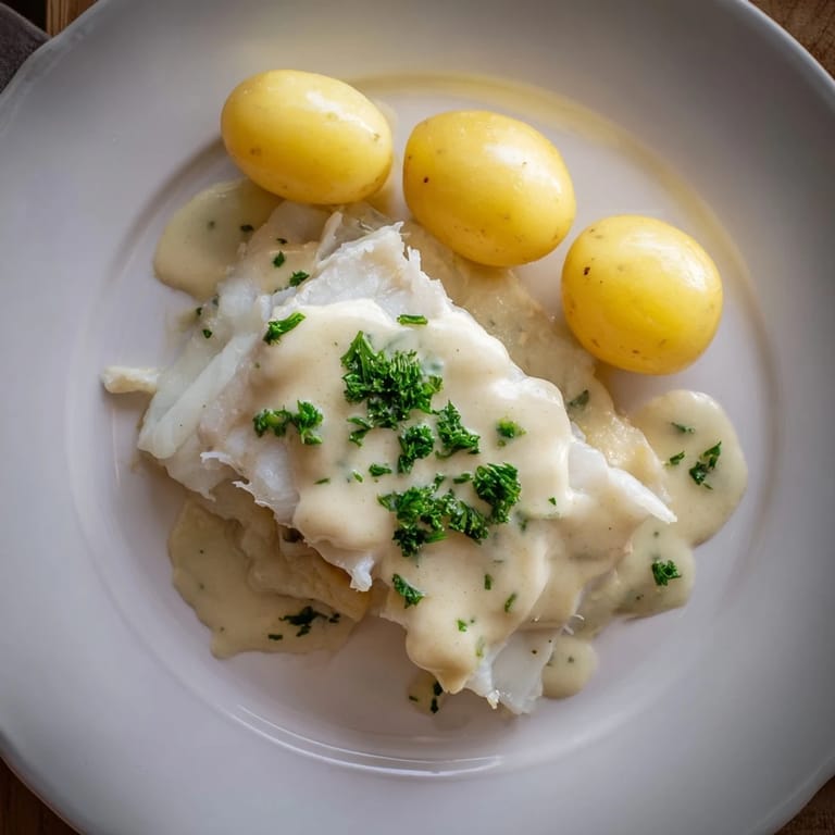 Steaming hot Norwegian Lutefisk, flaky white fish ready to be smothered in a rich, tangy mustard sauce.
