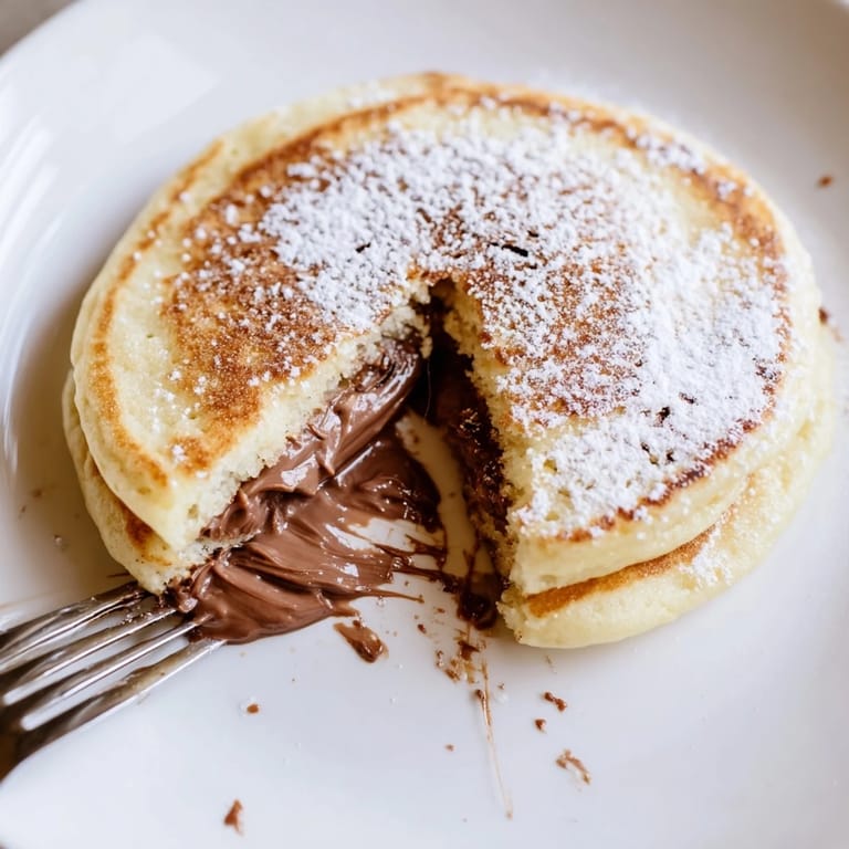 Stack of golden-brown Nutella stuffed pancakes revealing melted chocolate center on a wooden board.  