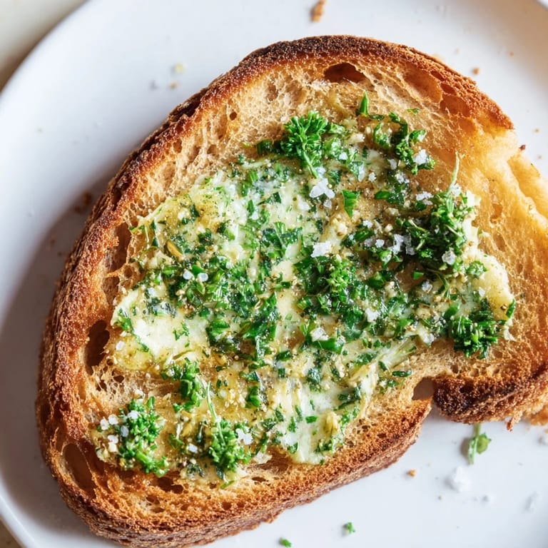 Warm herb butter toast garnished with parsley and chives, golden edges on artisan bread, ready for a quick snack or appetizer.
