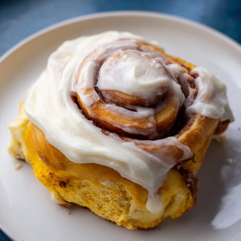 A close-up of gooey pumpkin cinnamon rolls revealing the sugary cinnamon swirl and velvety cream cheese frosting.