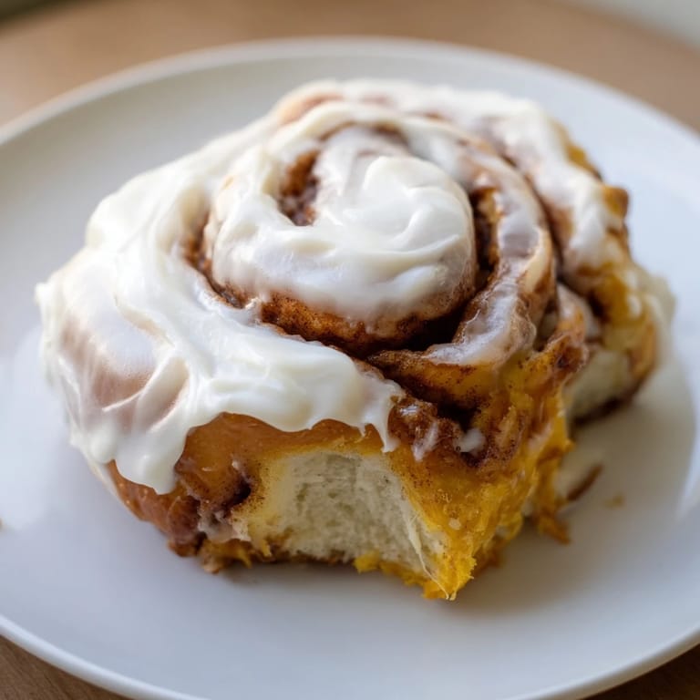Warm pumpkin cinnamon rolls stacked high, their soft spirals dusted with powdered sugar beside a steaming mug.  