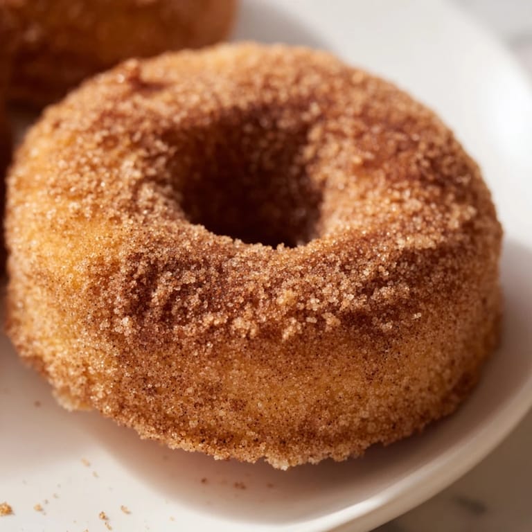 Eight golden Air Fryer Cinnamon Sugar Donuts are arranged neatly, showing their puffy texture and glistening cinnamon sugar coating.