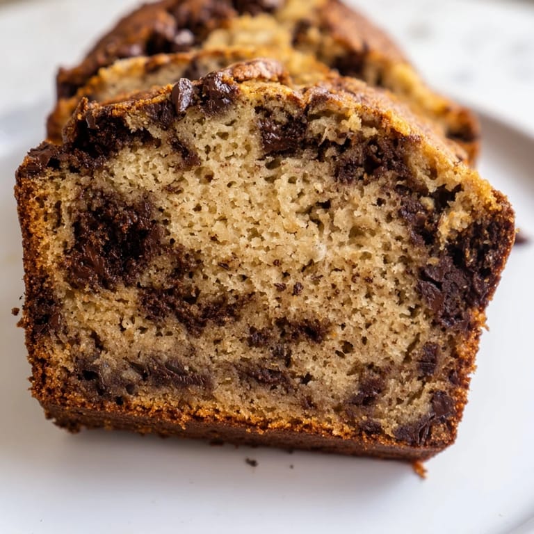 A close-up of moist Banana Bread Variations, loaded with chocolate chips, beside a steaming coffee mug for a cozy breakfast snack.