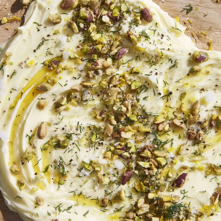 A close-up of the creamy Flavored Butter Board Charcuterie, garnished with chives, pistachios, and flaky sea salt beside crusty bread.