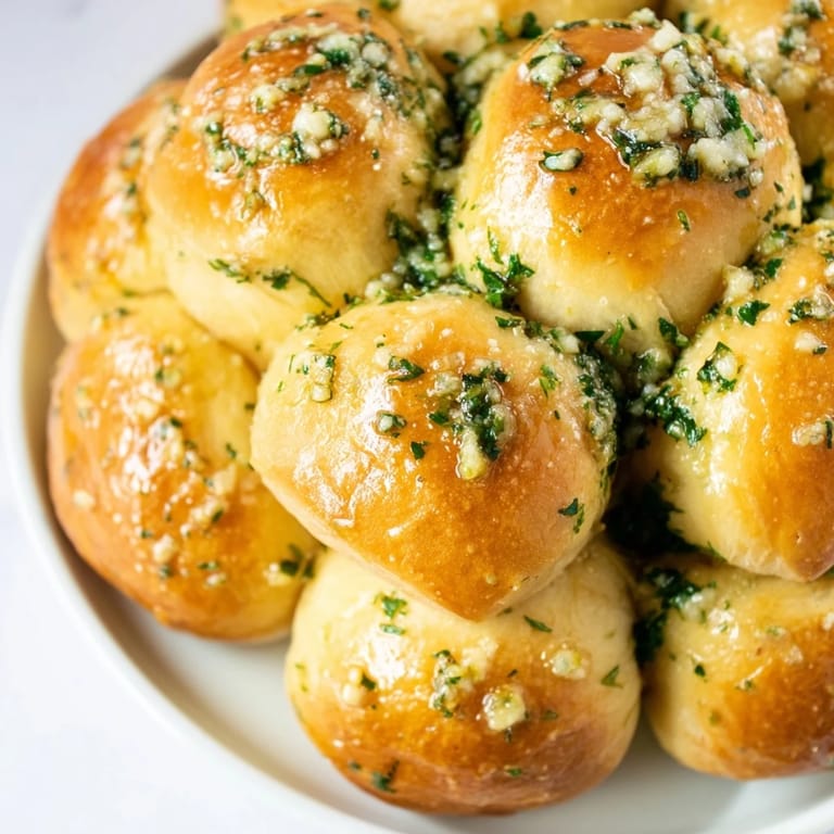 Warm, aromatic Garlic Butter Bread rolls piled high, with golden crusts and soft interiors on a wooden board.