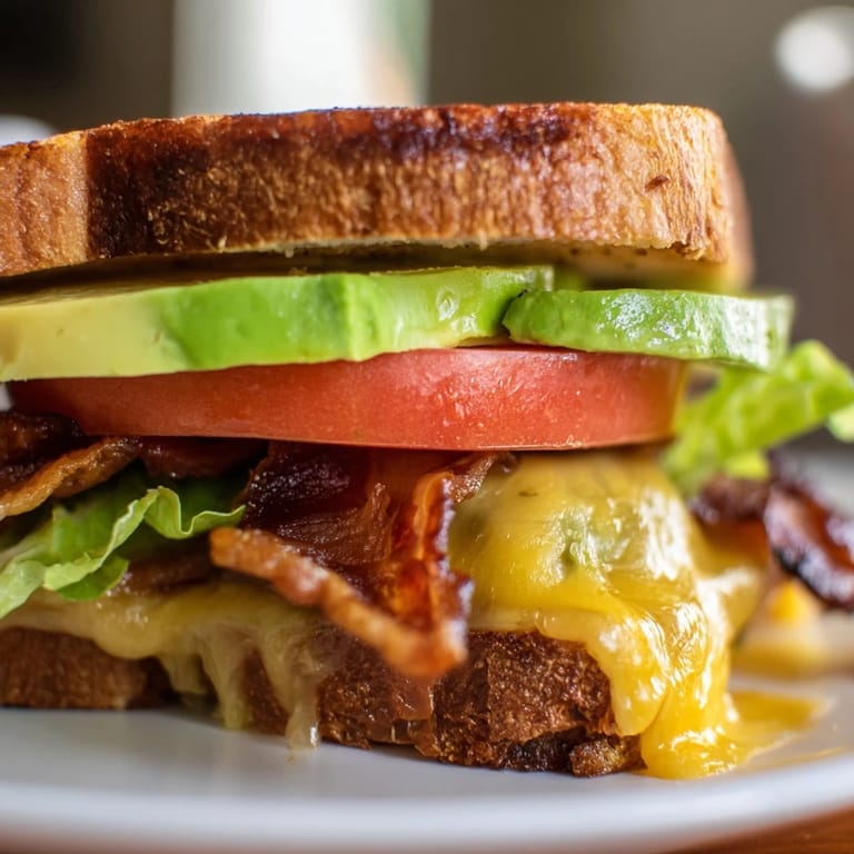 Slice into this hearty Avocado BLT Grilled Cheese, revealing layers of creamy avocado, juicy tomato, crisp lettuce, and smoky bacon.