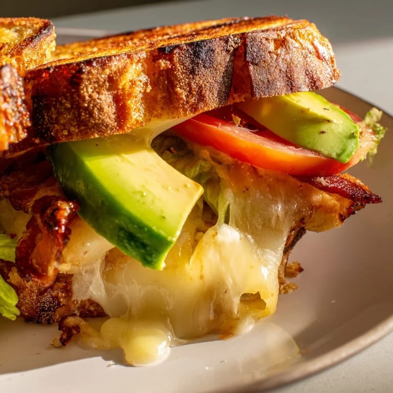 A perfectly grilled golden-brown sandwich, the Avocado BLT Grilled Cheese, served hot on a rustic plate with fresh tomato slices.