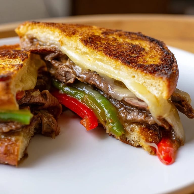 Golden-brown Philly Cheesesteak Grilled Cheese halves showing juicy steak strips and sautéed bell peppers tucked inside.