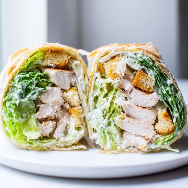 A close-up view of a Caesar Chicken Salad Wrap, showcasing shredded romaine, parmesan cheese, and golden-brown chicken nestled in a tortilla.