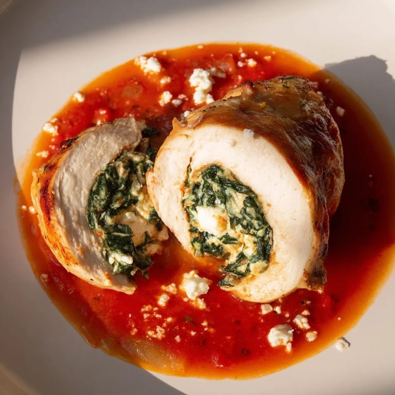 Juicy chicken breasts sliced open to reveal a creamy, vibrant green spinach and ricotta filling, served over a bed of marinara.  
