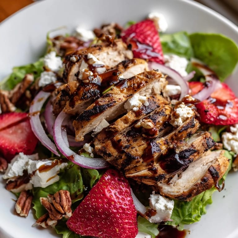 Sliced grilled chicken breast tops a bed of fresh mixed greens with strawberries, crumbled goat cheese, red onion, and a glossy honey balsamic dressing.