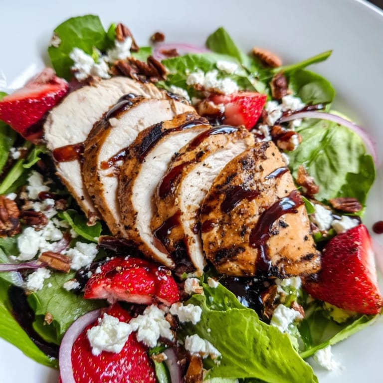 This fresh American salad features tender marinated chicken, sliced strawberries, and tangy goat cheese tossed with greens and finished with a sweet balsamic glaze.