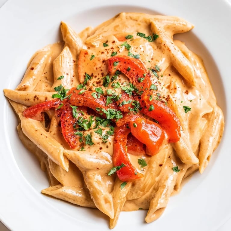 Red roasted bell peppers and grated Parmesan garnish a skillet of Creamy Cajun Pasta, ready to be served for dinner.