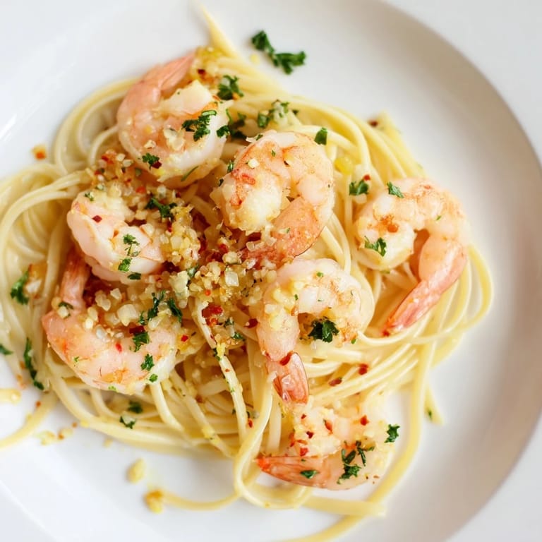 A close-up of Garlic Butter Shrimp Linguine glistening with butter and herbs, served hot and ready to eat.