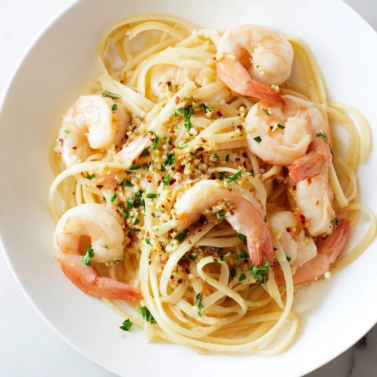 Al dente linguine coats succulent shrimp in a bright lemon-garlic sauce, sprinkled with Parmesan for a comforting main dish.