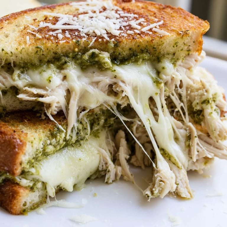 Mozzarella Pesto Chicken Grilled Cheese sandwich cut in half, revealing gooey cheese and savory chicken layers.  