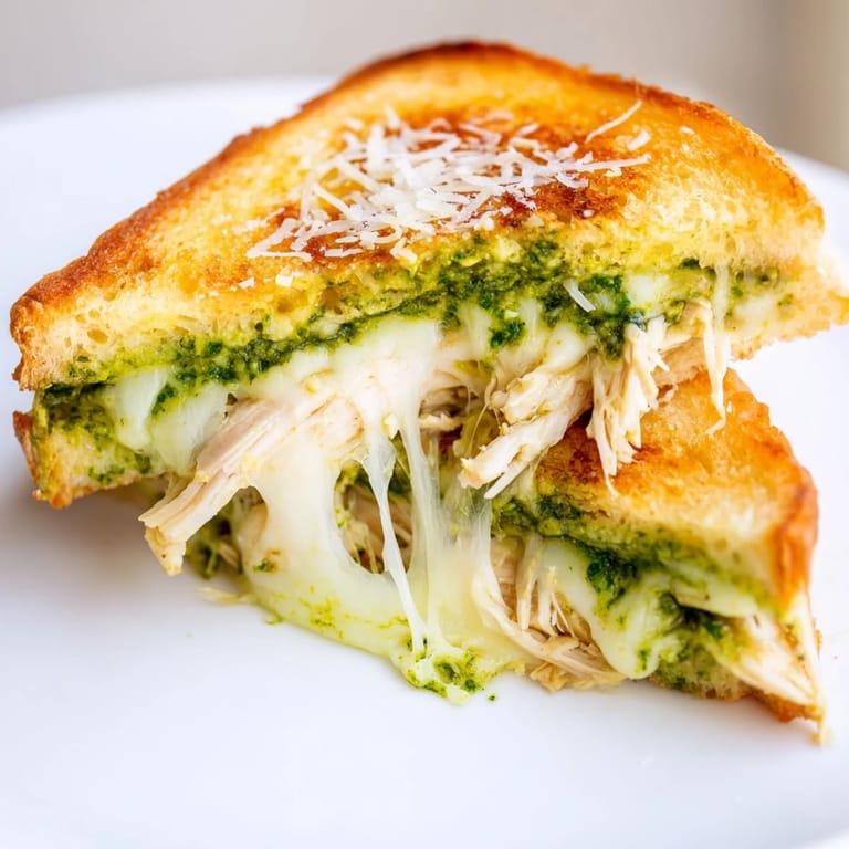 Homemade Mozzarella Pesto Chicken Grilled Cheese on a wooden board, served with a side of marinara.