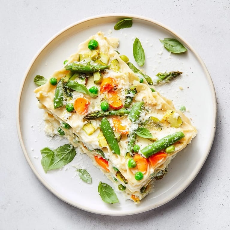 Savory Spring Veggie Alfredo Lasagna features fresh, colorful vegetables nestled between no-boil noodles and bubbly mozzarella in a baked dish.
