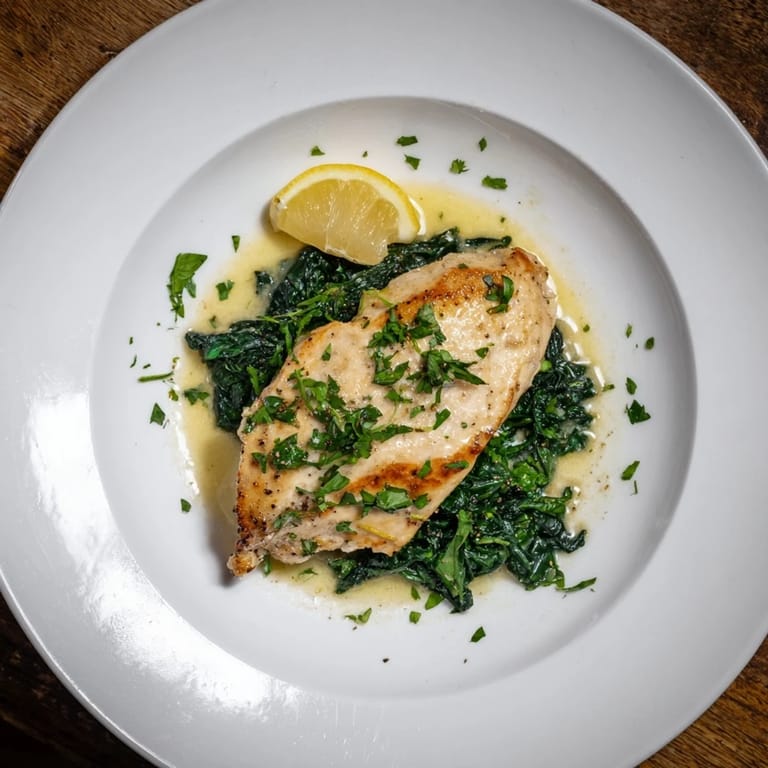 Tender pan-seared chicken breasts glazed in bright lemon butter sauce, served atop vibrant spinach with a slice of lemon on the side.