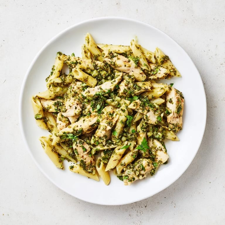 A fork lifts a mouthwatering bite of Chimichurri Chicken Pasta, steam rising from vibrant green sauce and perfectly al dente pasta ribbons.
