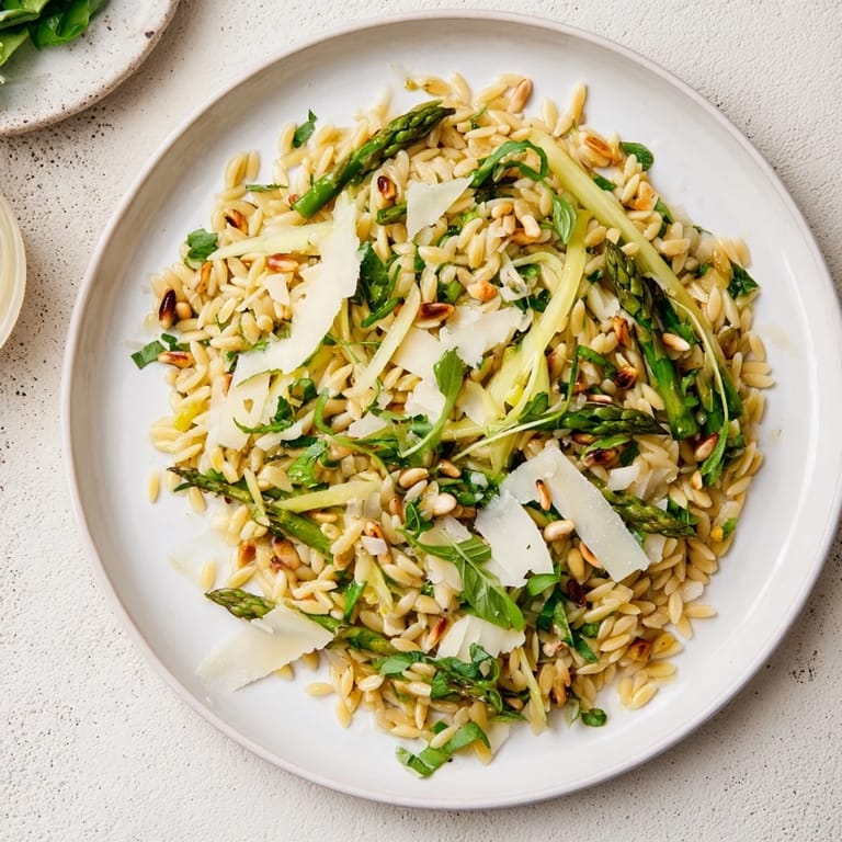 A vibrant, vegetarian orzo salad with crisp asparagus, lemon dressing, and fresh herbs, perfect for a light spring or summer meal.  