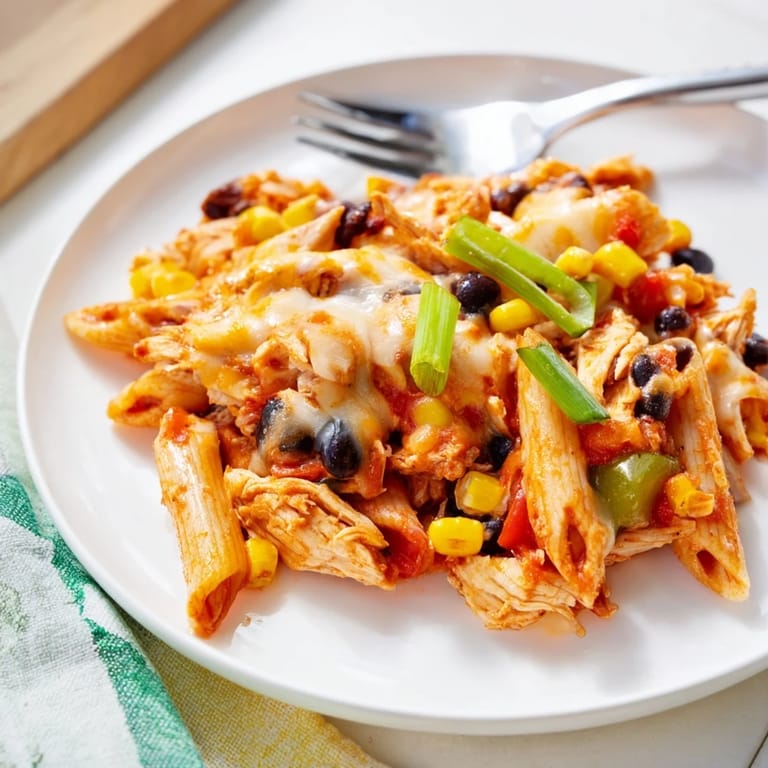 Golden Monterey Jack and cheddar cheese bubble over Chicken Enchilada Pasta, with black beans and bell peppers peeking through.