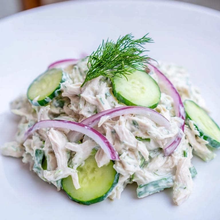 Creamy Cucumber Chicken Salad served in a rustic white bowl, with Greek yogurt dressing and vibrant red onion accents.