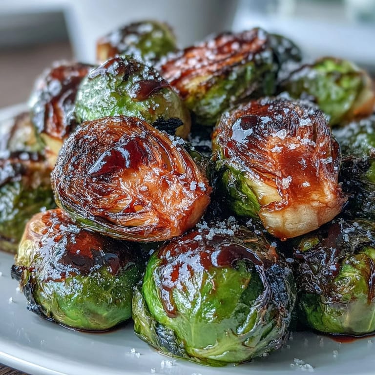 Golden caramelized Brussels sprouts fresh from the oven, drizzled with a sticky balsamic glaze.