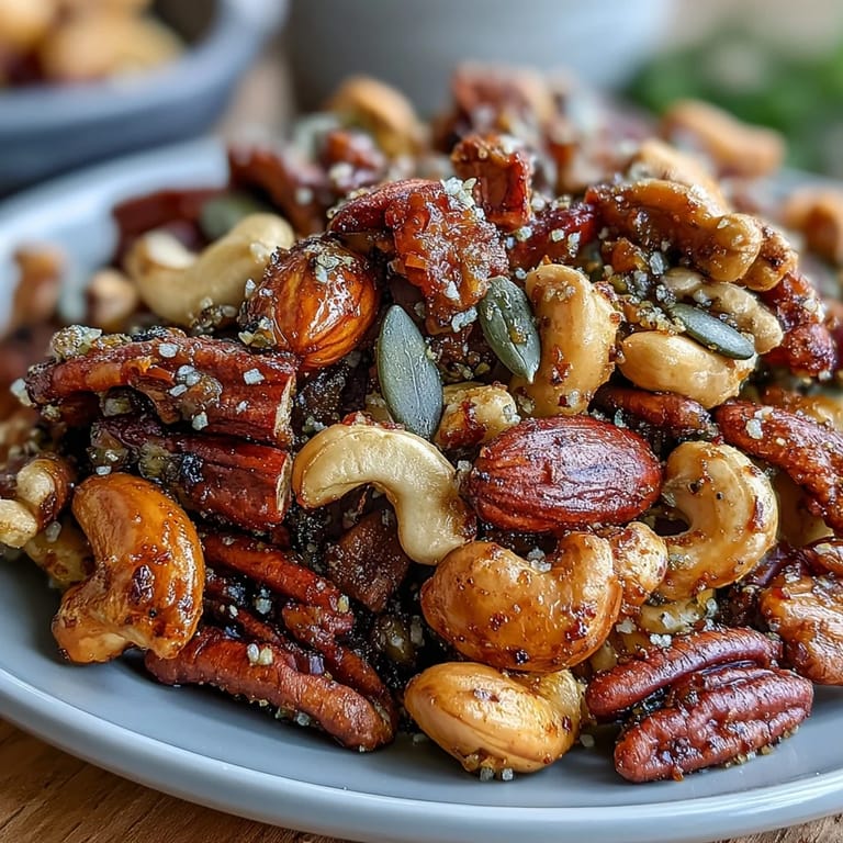 Savory Spiced Nuts and Seeds Mix served warm in a bowl, perfect for healthy snacking.