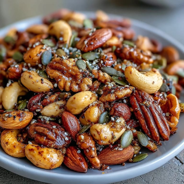 A bowl of fragrant Spiced Nuts and Seeds Mix with pumpkin and sunflower seeds, great for salads.