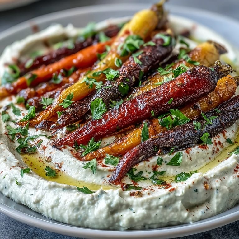 Colorful roasted rainbow carrots and hummus appetizer, arranged on a rustic platter for sharing at gatherings.