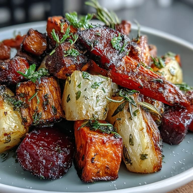 Earthy beets and sweet potatoes in the roasted root vegetable medley, garnished with fresh parsley on a rustic wooden board.