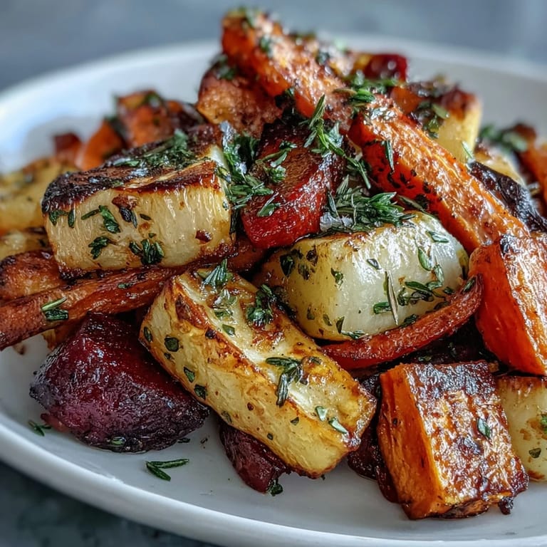 Vibrant roasted root vegetable medley with carrots and parsnips, served warm as a healthy vegan side dish for dinner.