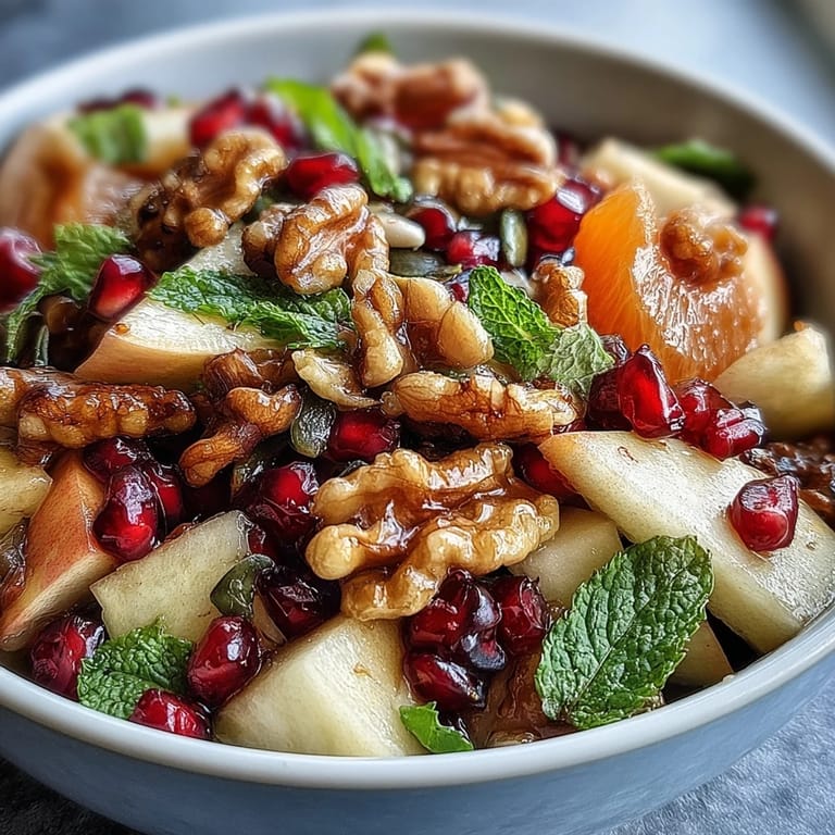 Vibrant Pomegranate and Walnut Salad featuring juicy orange segments, pumpkin seeds, and a light cinnamon-lemon dressing.