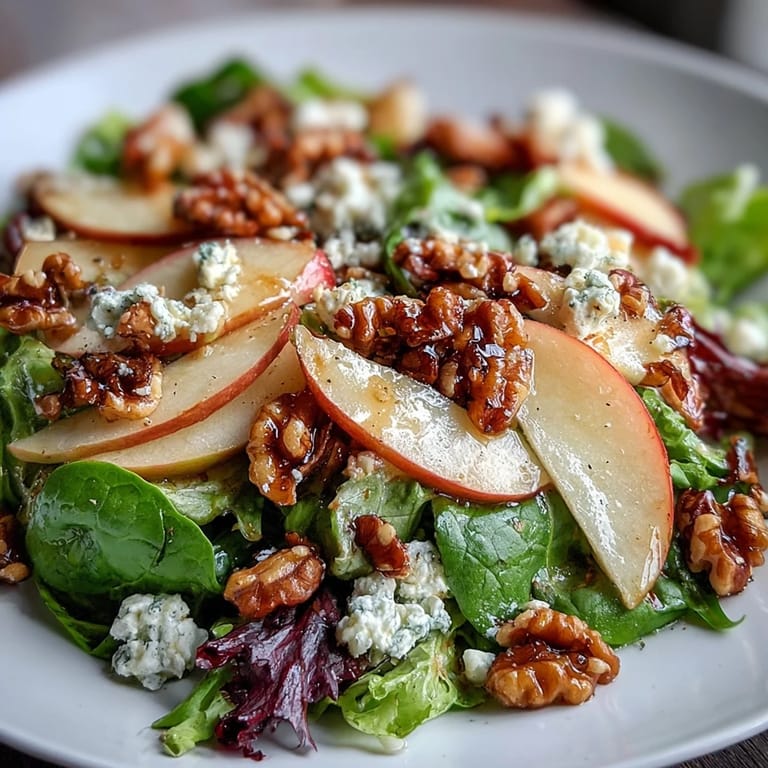 A close-up of Apple and Walnut Salad shows vibrant apple slices, crunchy walnuts, and emerald greens, with a light drizzle of dressing and a sprinkle of blue cheese crumbles.  