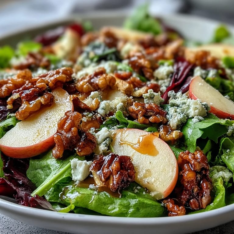 Ready in just 15 minutes, this Apple and Walnut Salad features juicy apples, crisp celery, and earthy walnuts on a bed of arugula and spinach, perfect as a light vegetarian side dish.
