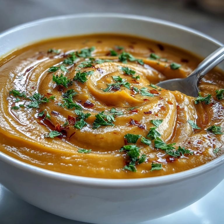 A velvety bowl of Creamy Vegetable Soup topped with chopped parsley and a rustic spoon beside it.